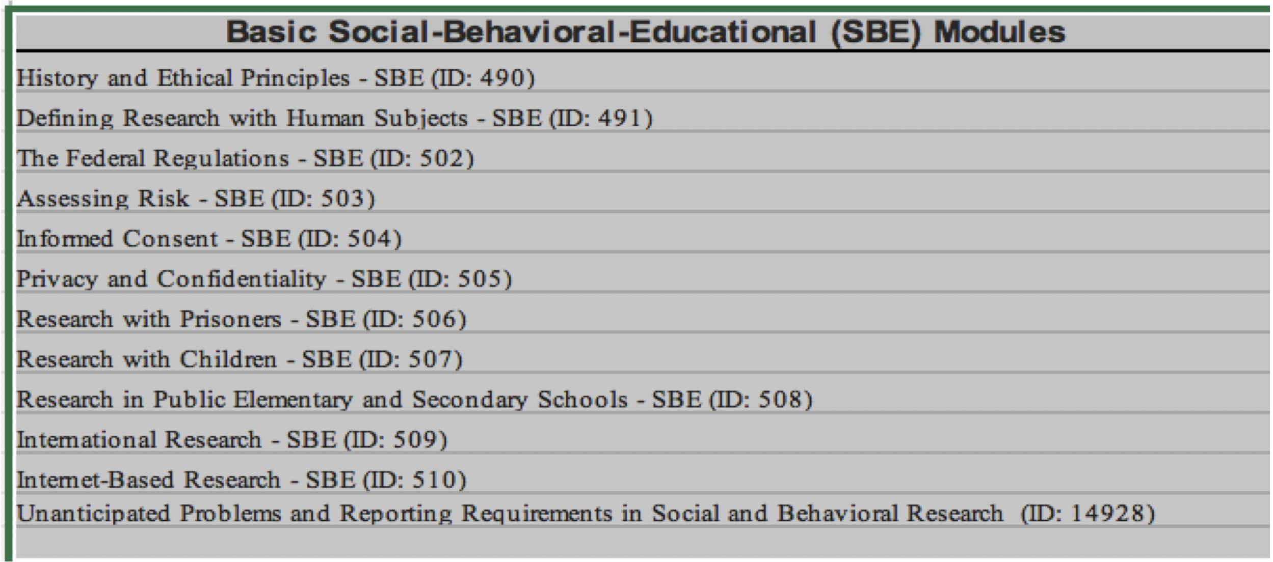 screen shot showing available social behavior modules